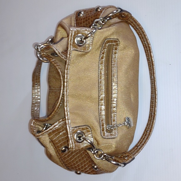 🐰☮VINTAGE☮ KATHY VAN ZEELAND Gold Fabric/Croc Leather Hobo - Picture 9 of 13